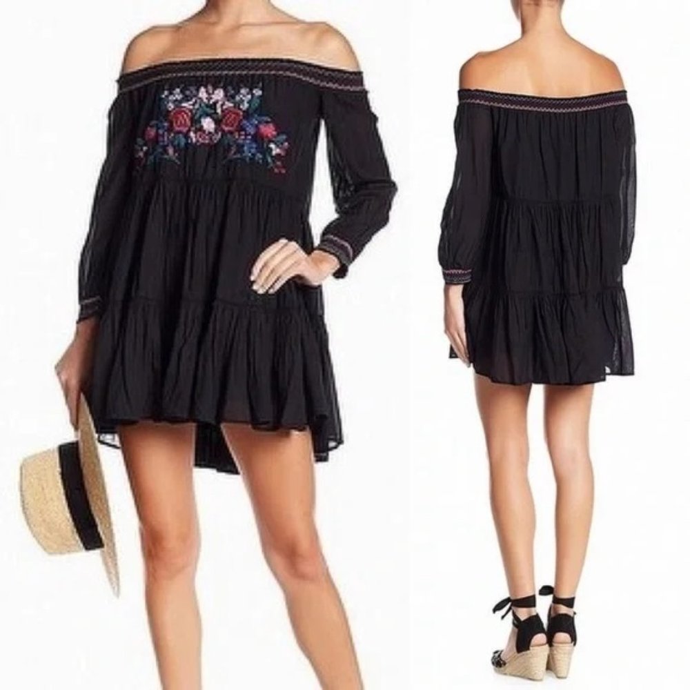 Free People Black Sunbeams Embroidered Mini Dress Boho Festival Wear‎ Large